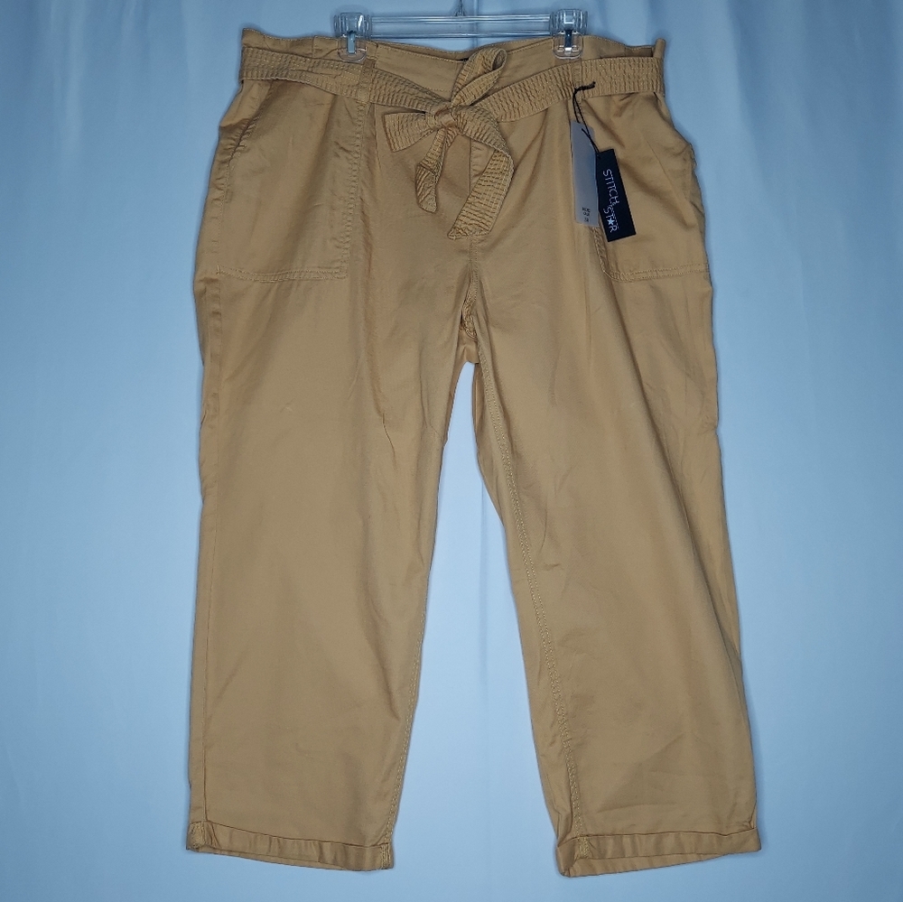 Stitch Star Crop‎ Pants Women 3X Mustard Belted Pocket Button Zip Cotton Lyocell